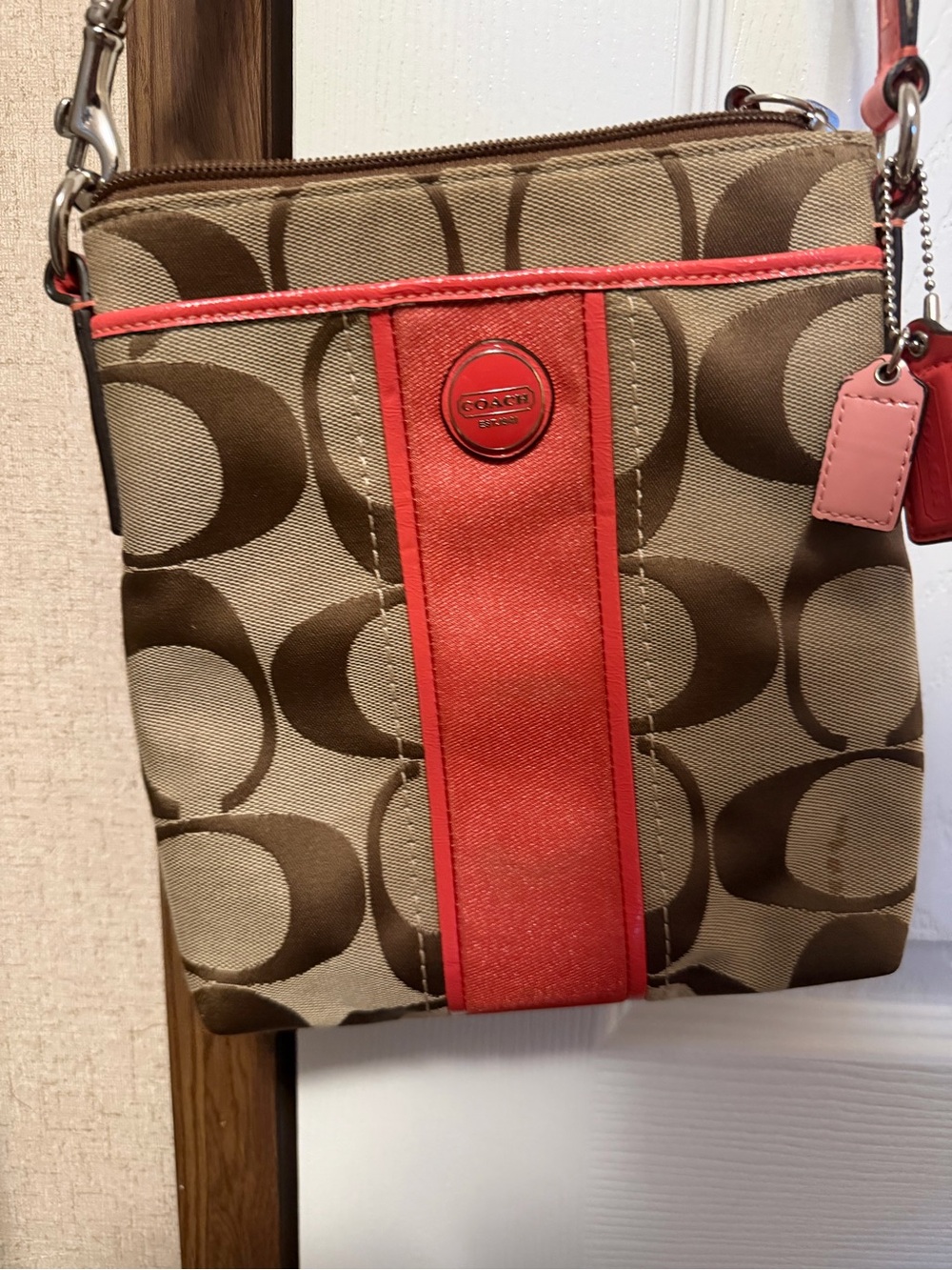 Coach Tan Signature Crossbody with Coral Trim